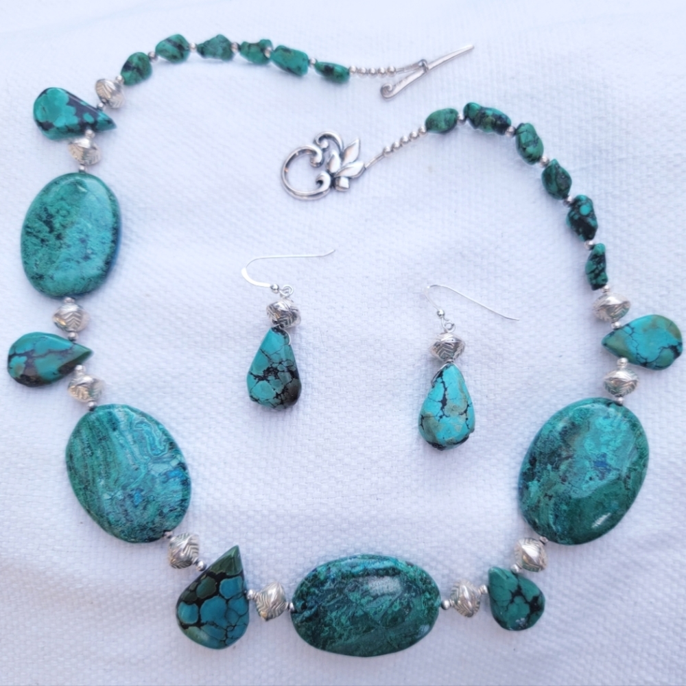 Turquoise and Chrysocolla Sterling Necklace Earrings Set